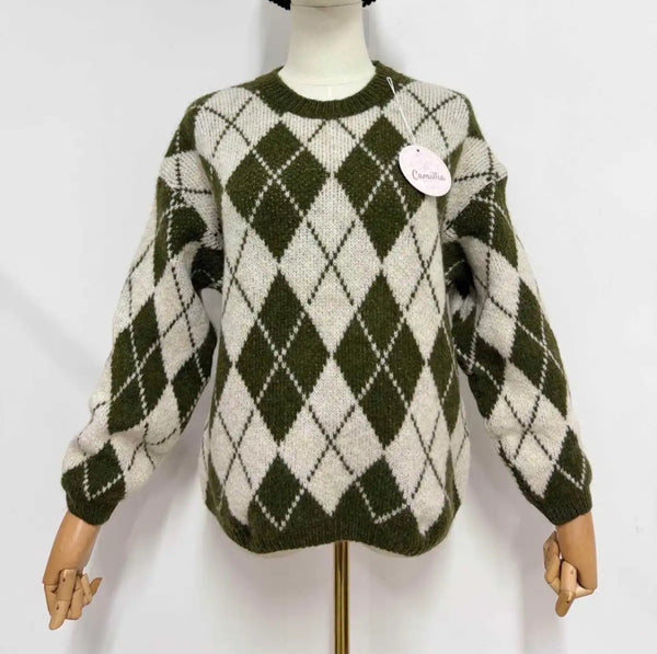 Lulu - Green/Cream Diamond Knit Jumper