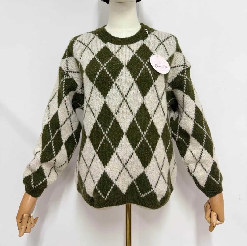 Lulu - Green/Cream Diamond Knit Jumper