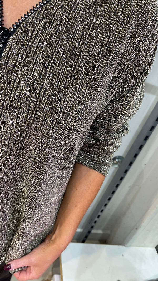 Kay - Gold/Black Shimmer Stud Diamond Zip Batwing Top