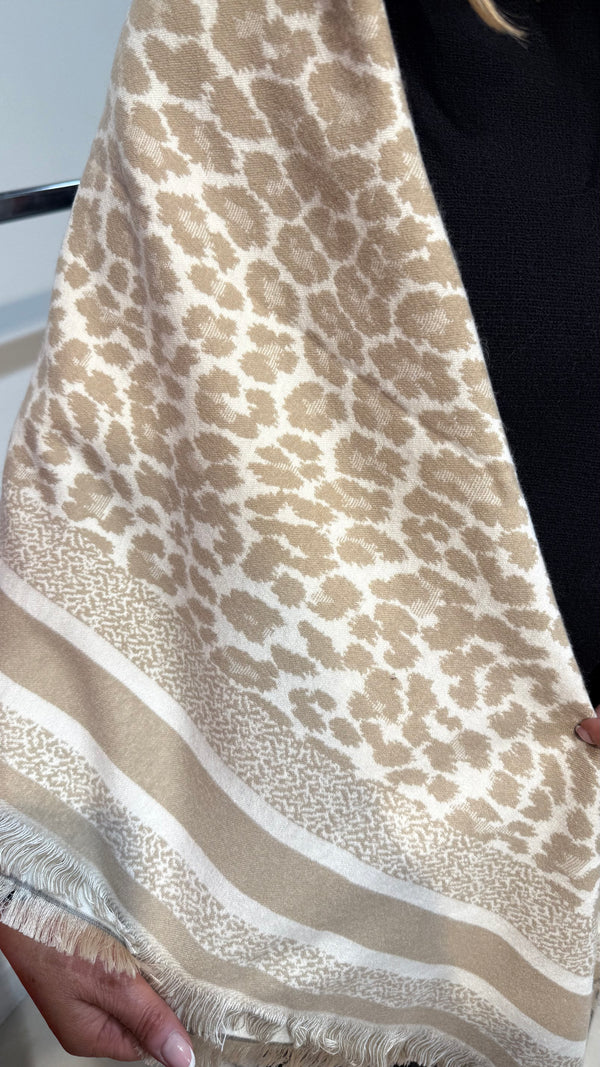 Terry - Beige/Cream Leopard Border Shawl/scarf