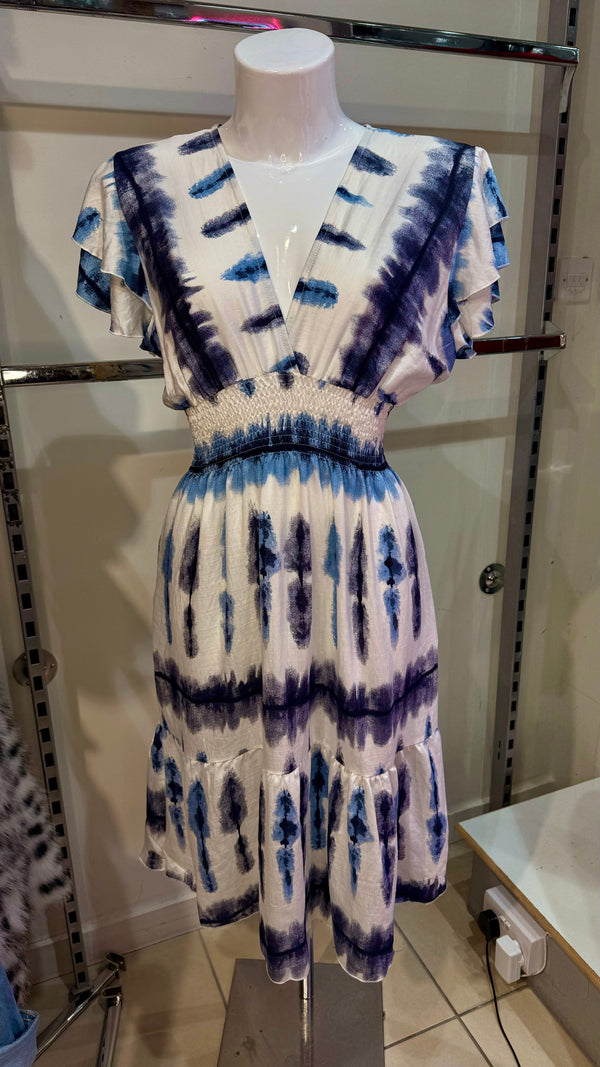 Madison - Navy/Denim Tie Dye Elastic Waist Midi Dress