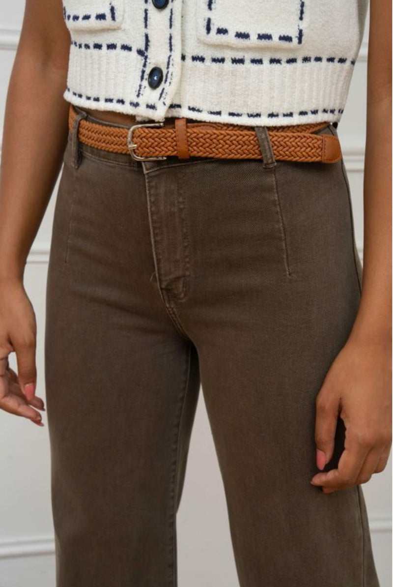 Jake - Mocha Brown Denim Belted Cropped Jeans