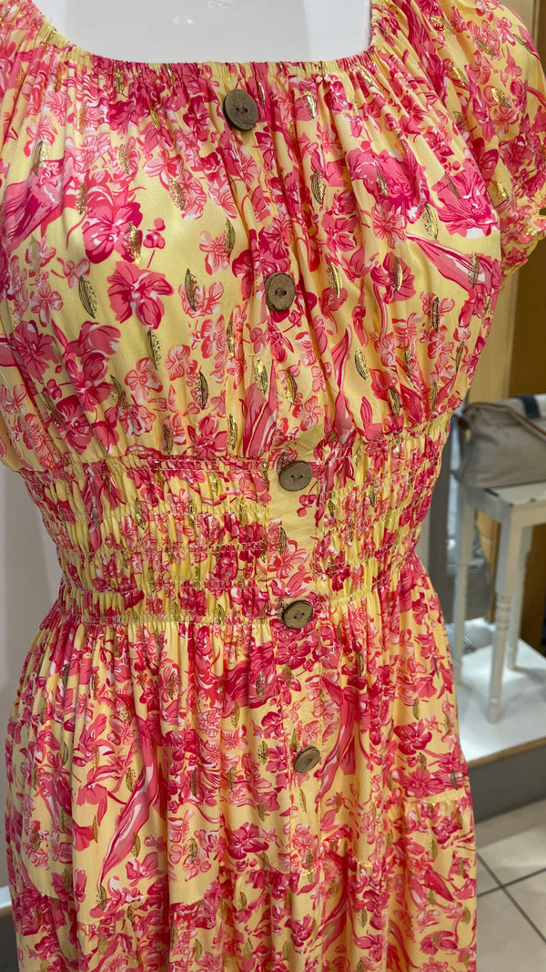 Trudie - Lemon/Pink Print Button Midi Dress