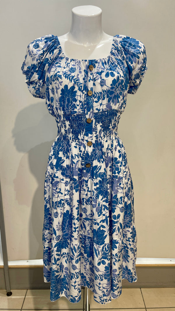 Trudie - Denim Blue White Floral Print Midi Dress