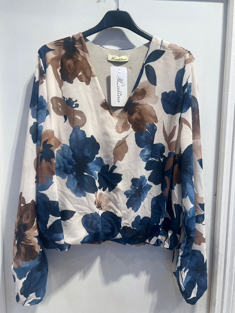 Naomi -  pre order dis 26 Aug Blue/Cream Floral Lined bubble Hem top