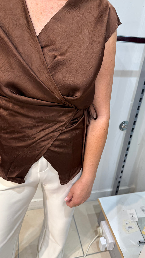 Jay - Brown Satin Crossover Blouse