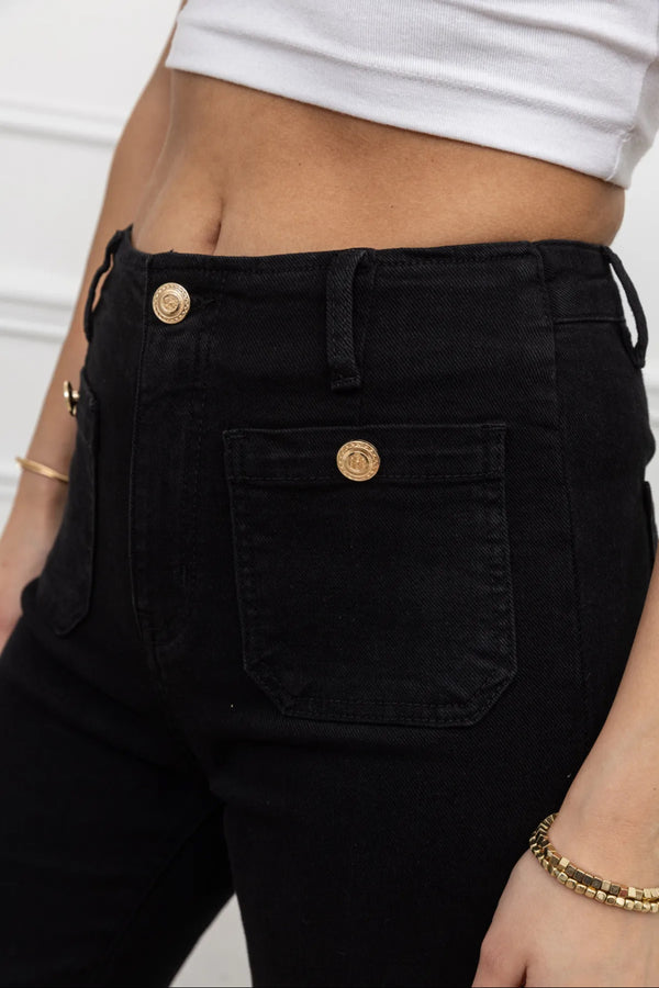 Leo - Black Stretch Button Pocket Jeans