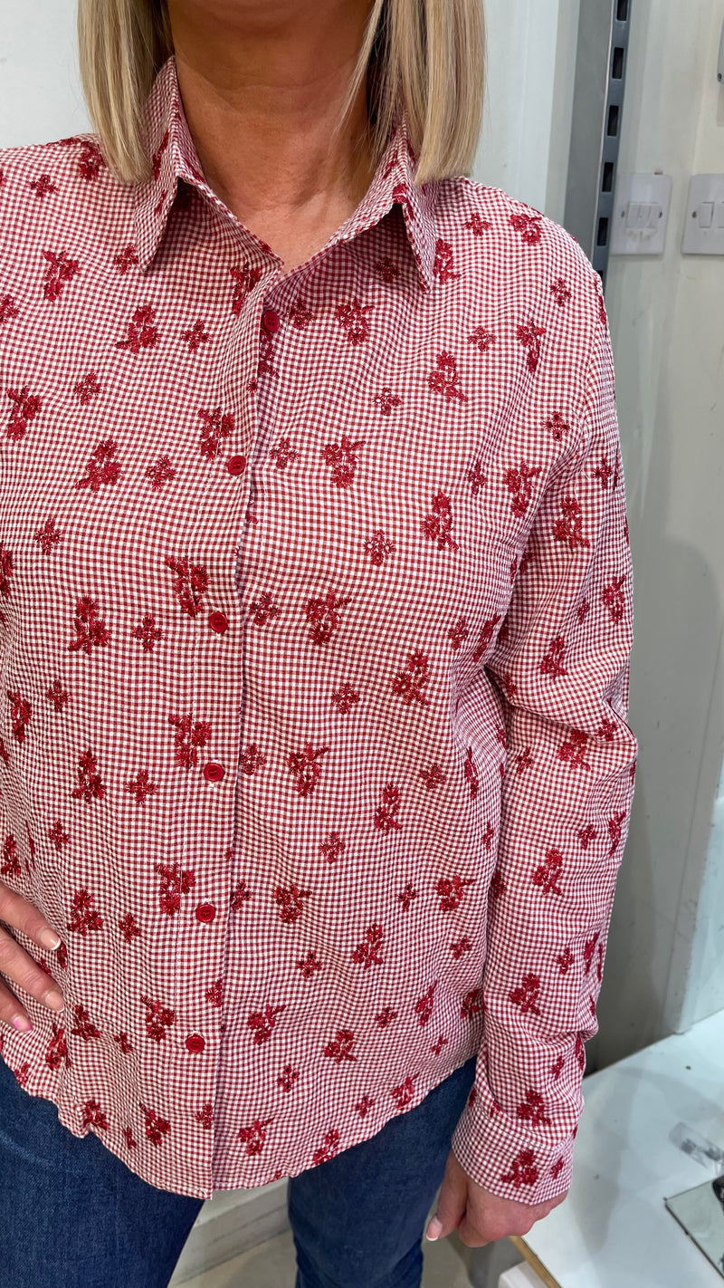 Carla - Dark Red Check Embroidery Shirt