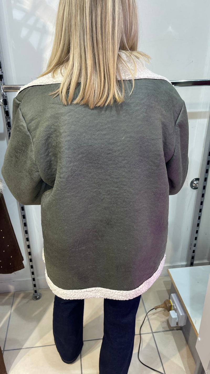 Fred - Khaki Faux Distressed Shearling Look Jacket