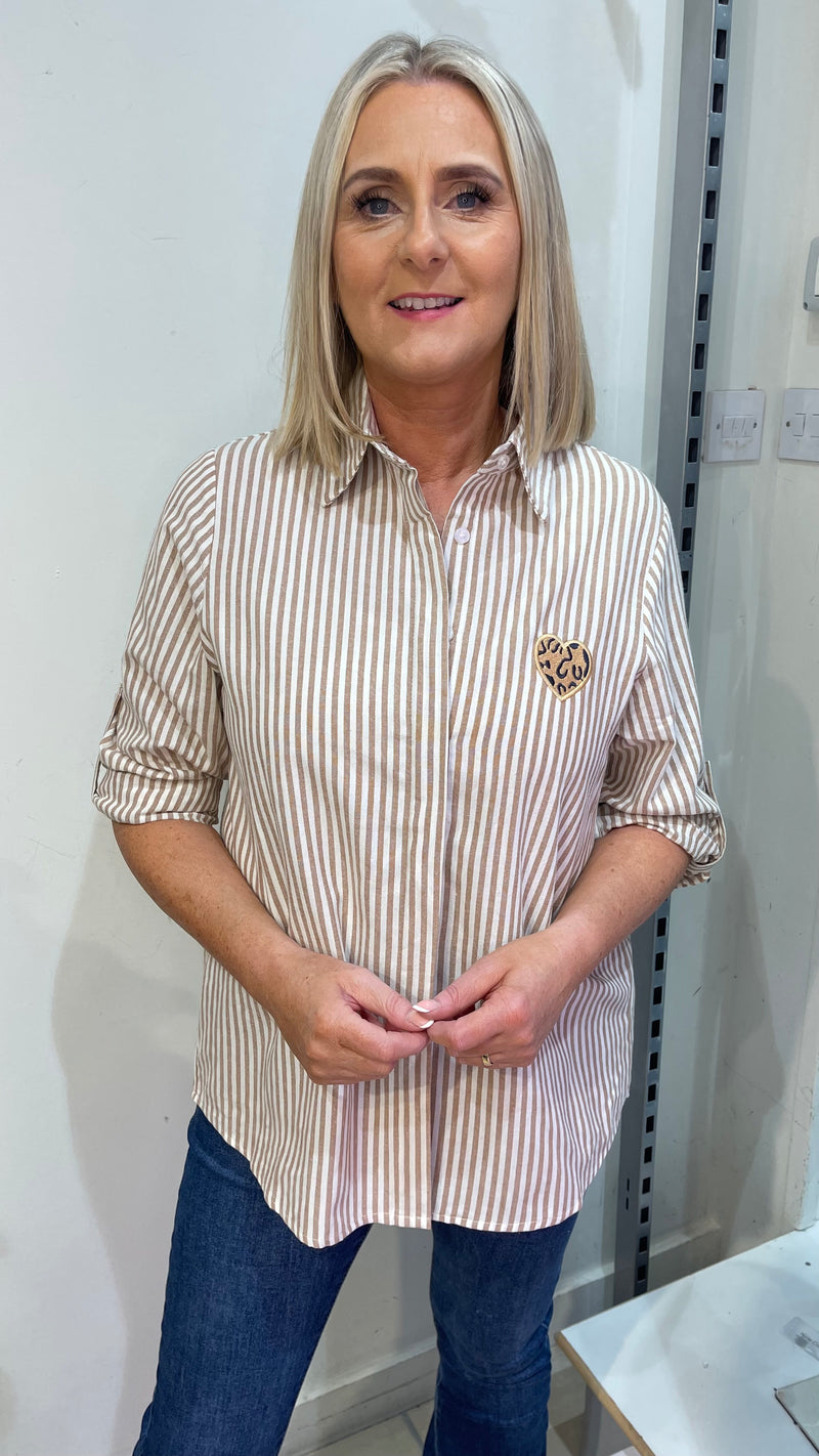 Millie - Taupe Stripe Heart Shirt