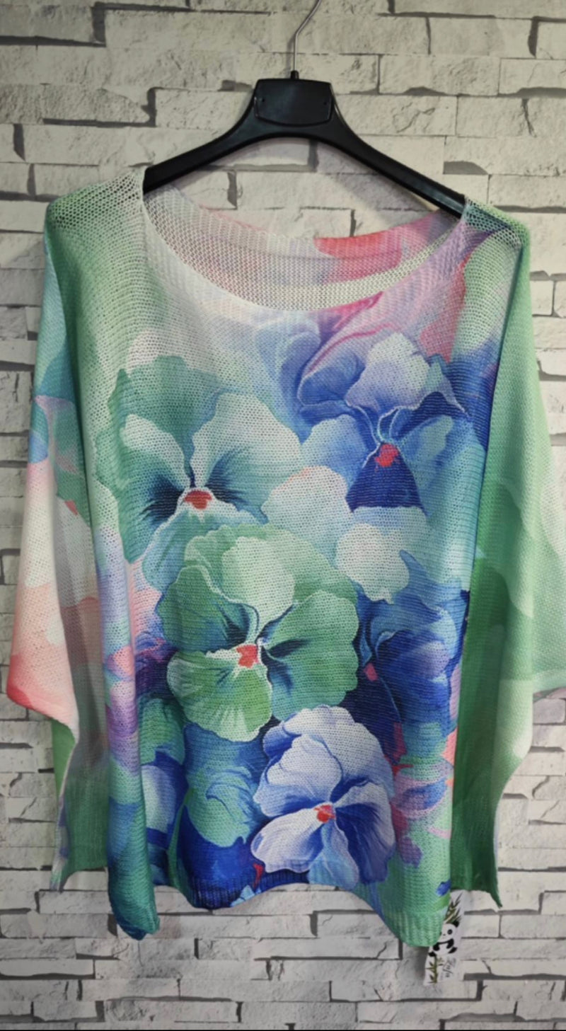Joey -  Green/Blue Flower Print Fine Knit Top