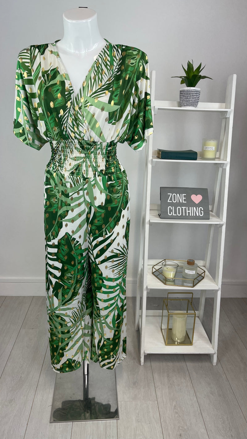 Debbie - Green/White Tropical Print Jumpsuit