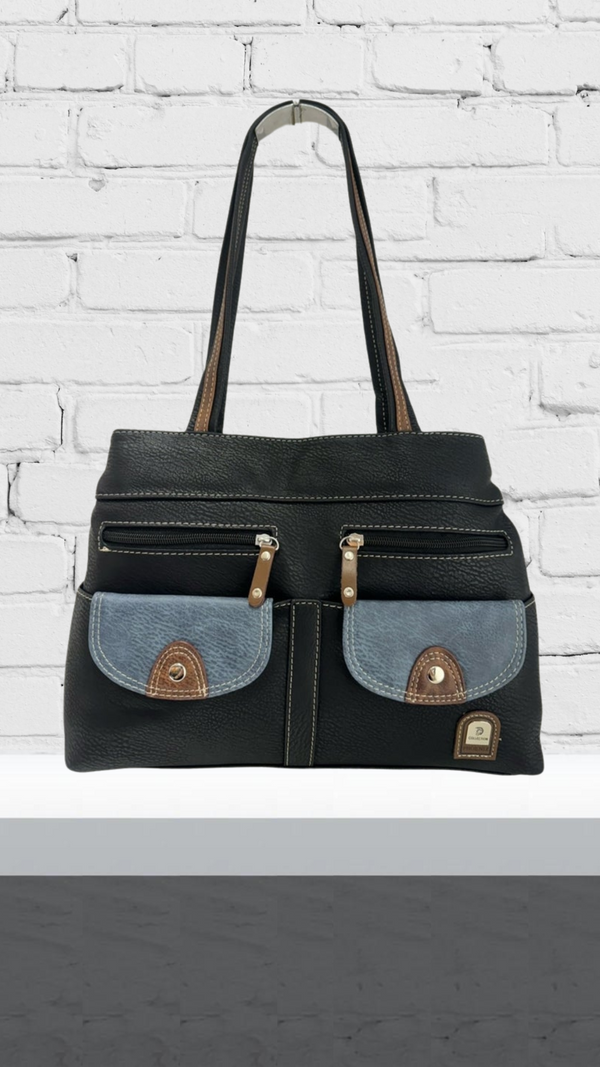 Nina - Double Zip Front Pocket Bag Black/Denim