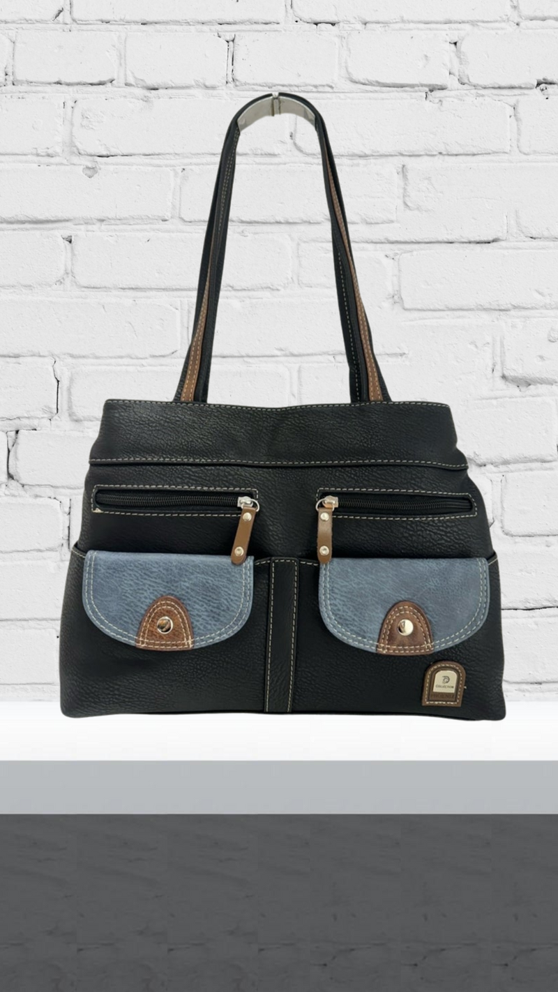 Nina - Double Zip Front Pocket Bag Black/Denim