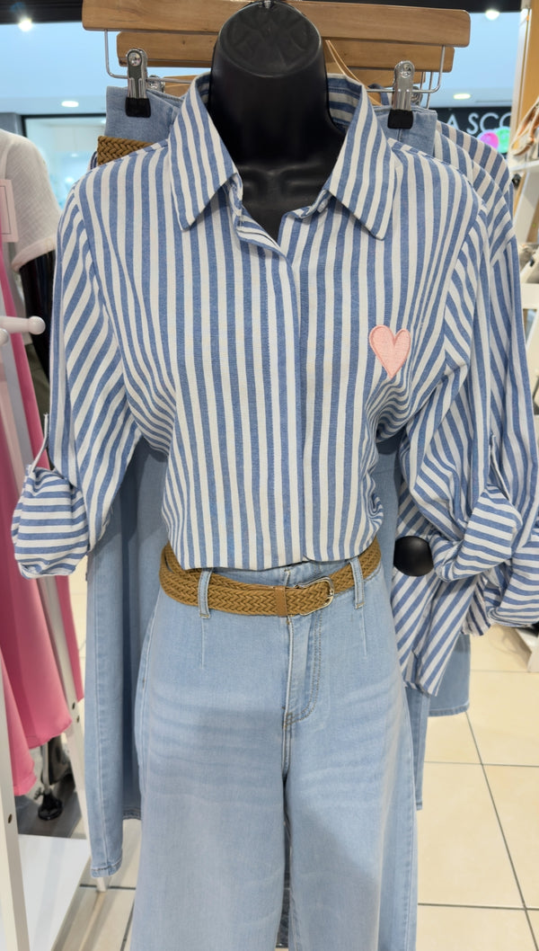Millie - Denim Blue Stripe Pink Heart Shirt