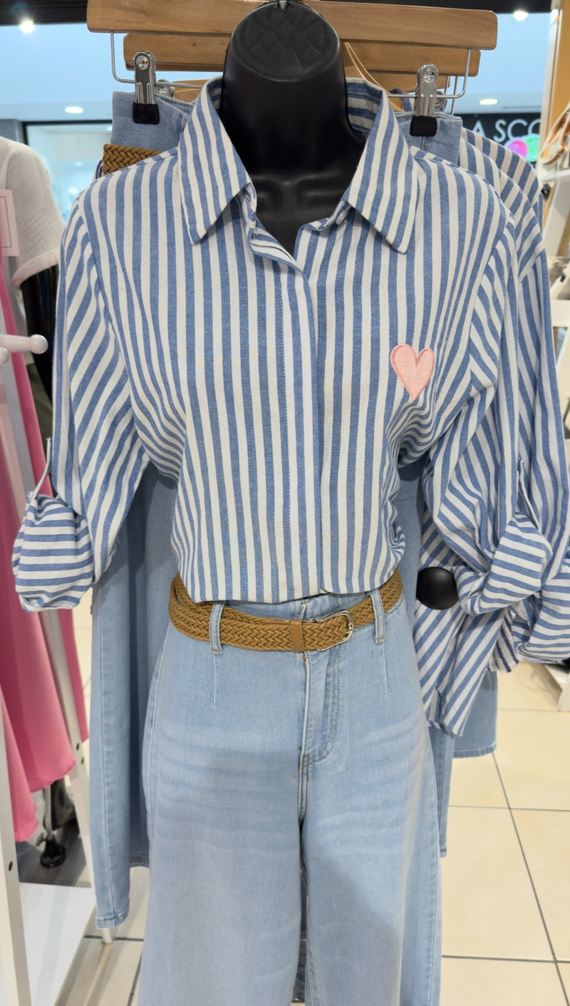 Millie - Denim Blue Stripe Pink Heart Shirt