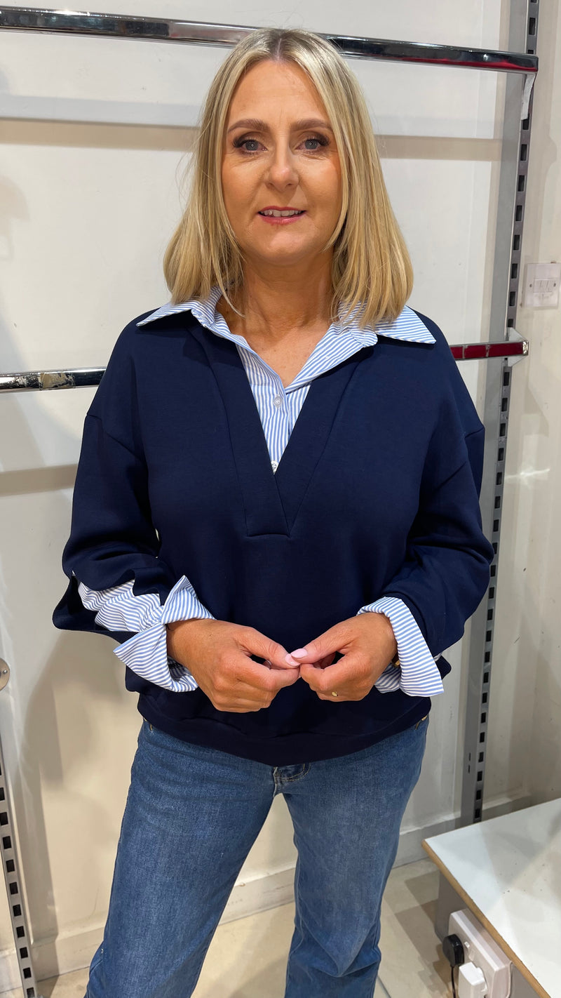 Shelly - Navy Stripe Contrast Shirt Two in One.