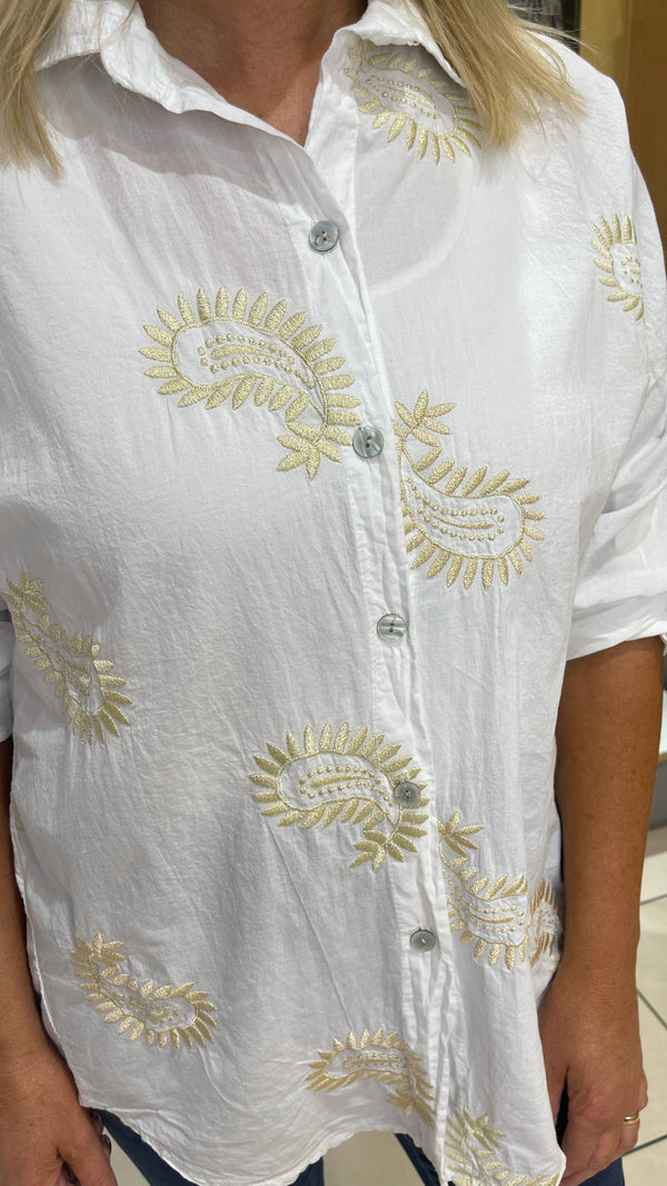 Reece - White/Beige Paisley Embroidered Shirt