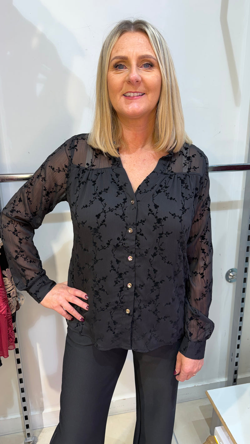 Beth - Black Print Lined Front Top