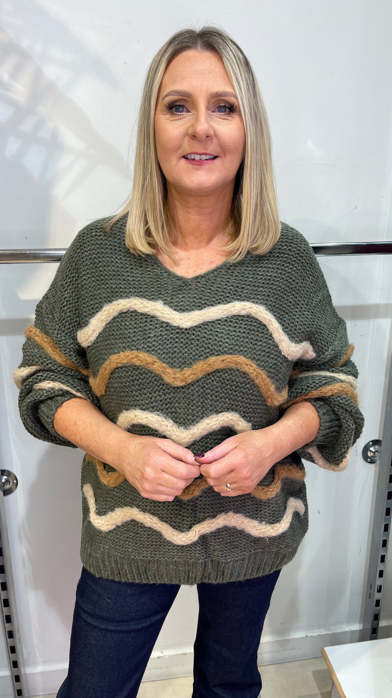 Mia - Khaki Wave Textured Soft Knit