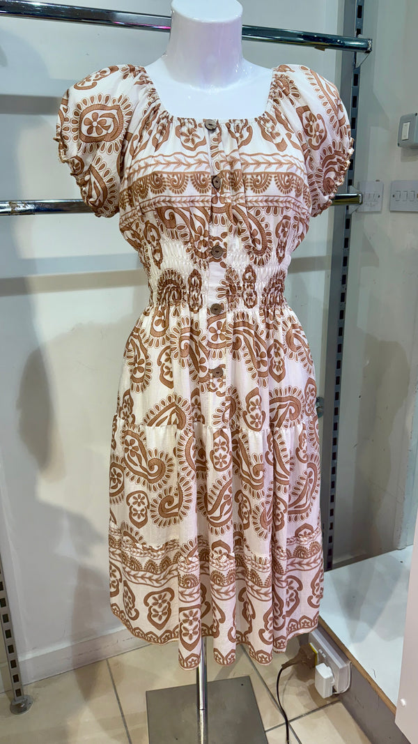 Emma - Coffee/Cream Paisley Print Button Midi Elastic Waist