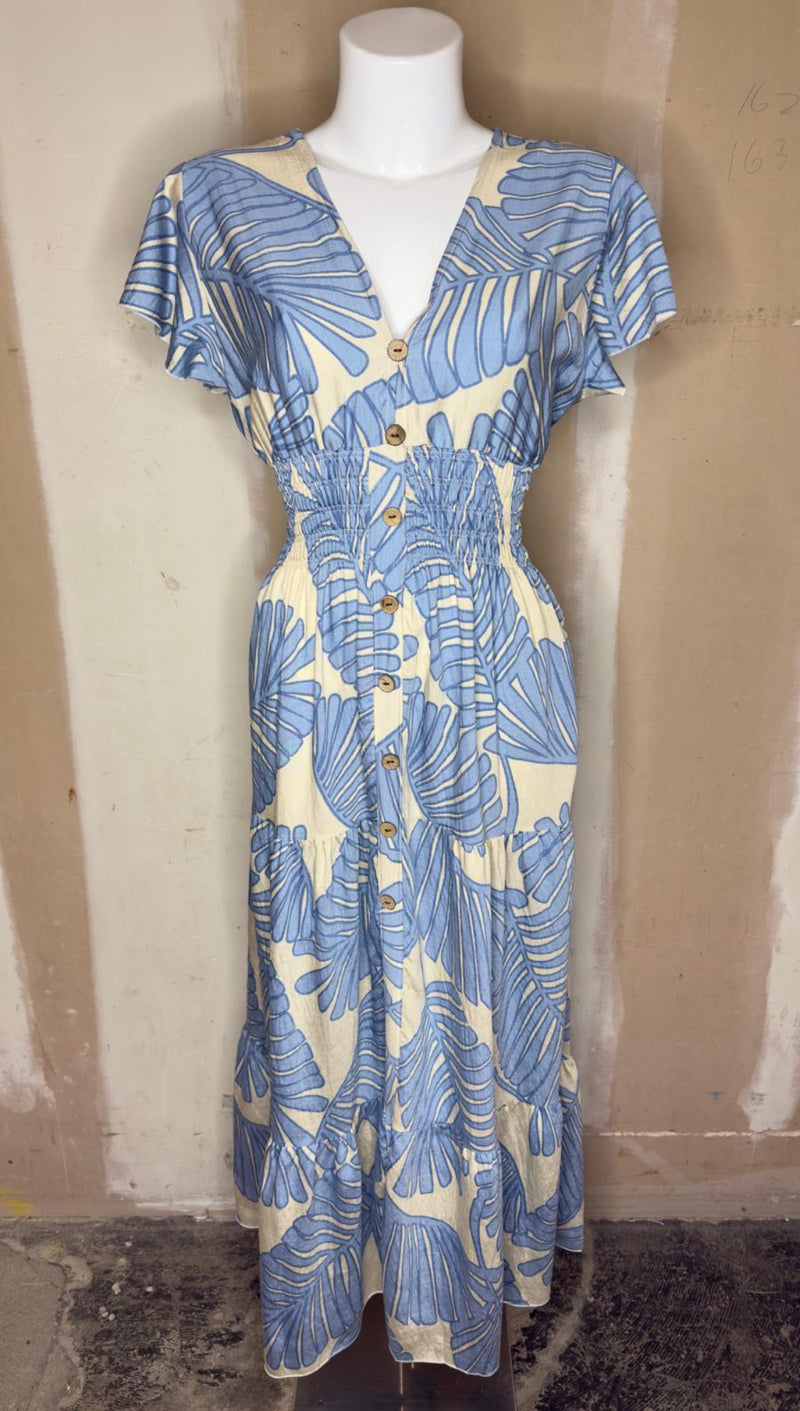 sandy - Sky Blue Palm print Maxi Dress