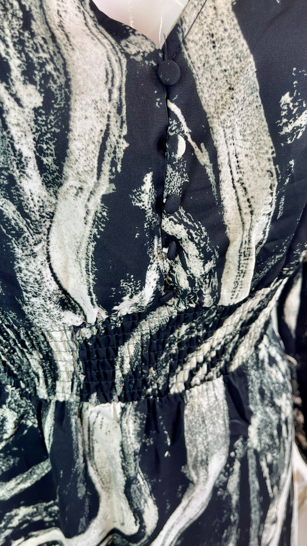 Anna - Black/Beige Marble Print Button Dress