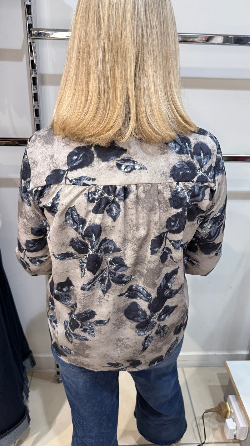 Dorothy - pre order dis 14 Oct Grey/Navy Frill Neck Blouse