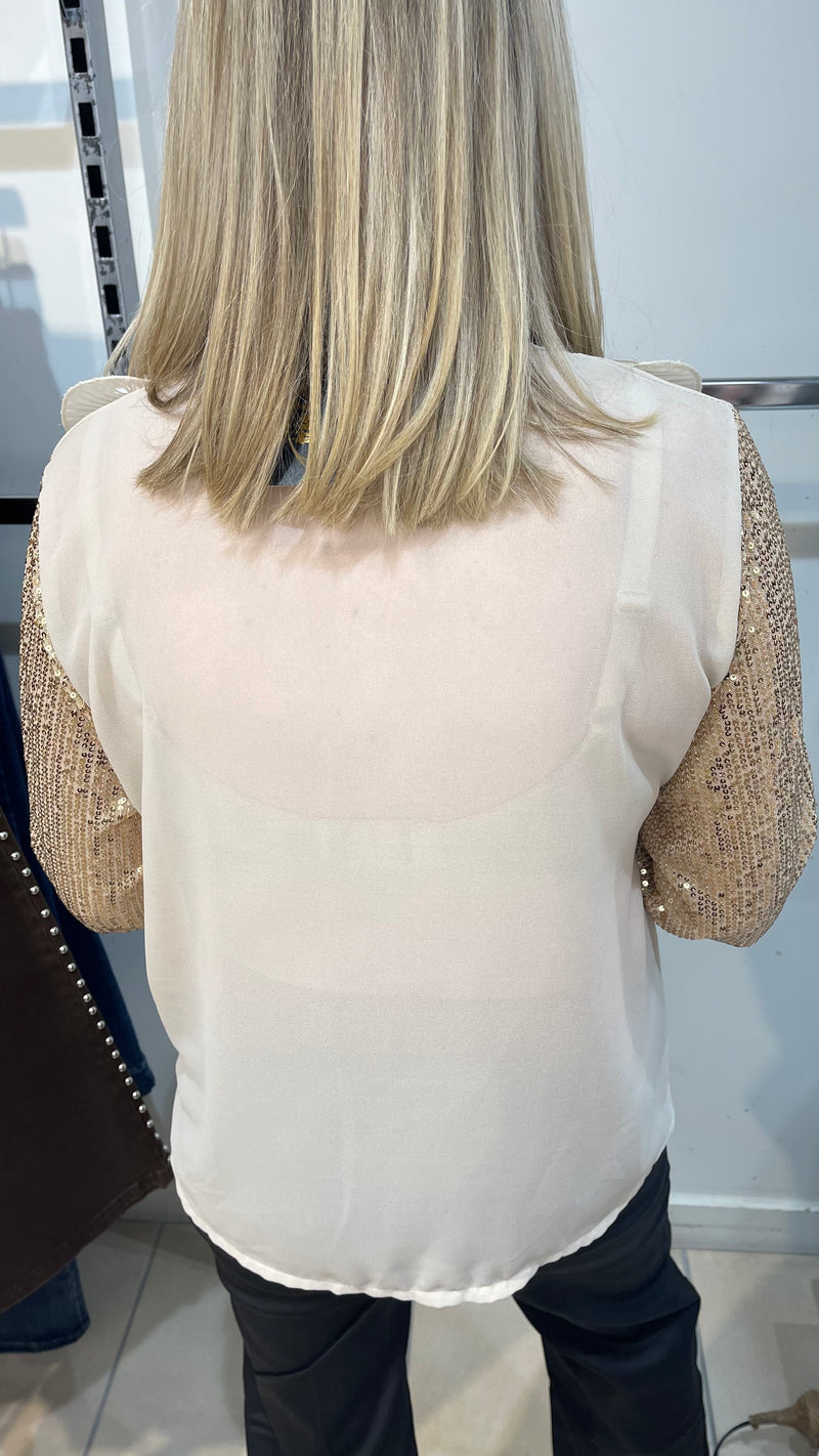 Olivia - Gold Ruffle Sequin Sleeve Blouse