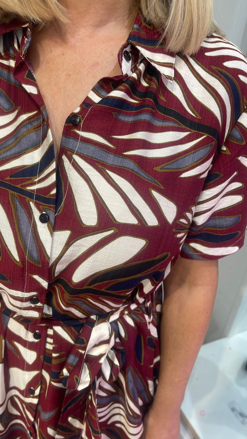 Tillie - Wine Palm Print Midi Shirt Dress
