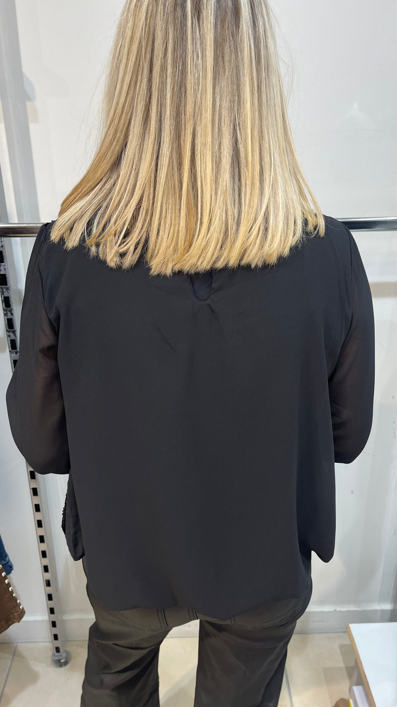 Vicky - Black Sequin lined bubble hem Top