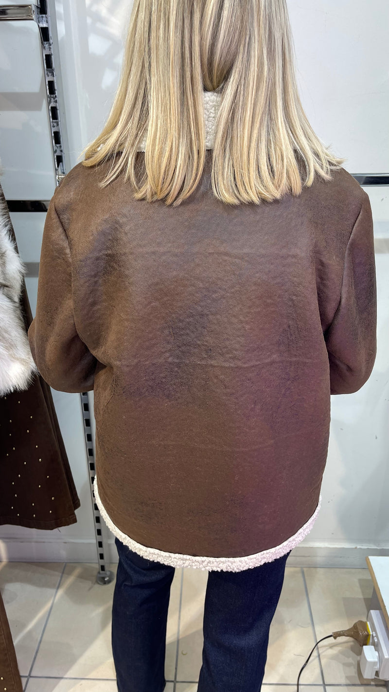 Fred - Brown Faux Distressed Shearling Look Jacket