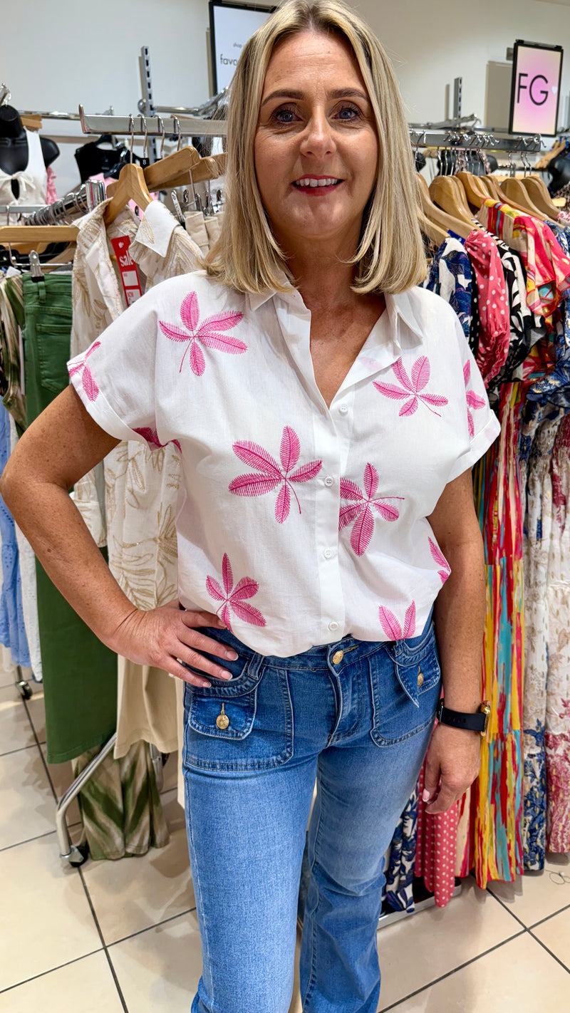 Tara - White/Pink Leaf Detail Embroidery Top