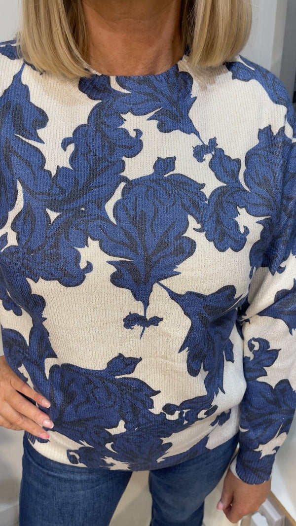Vera - Blue Lurex Damask Fine Knit Jumper