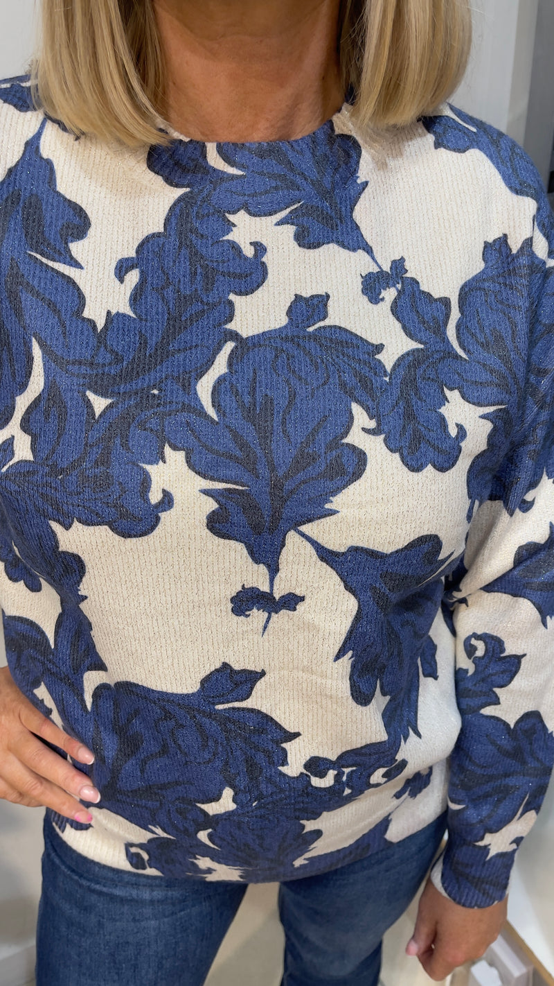 Vera - Blue Lurex Damask Fine Knit Jumper