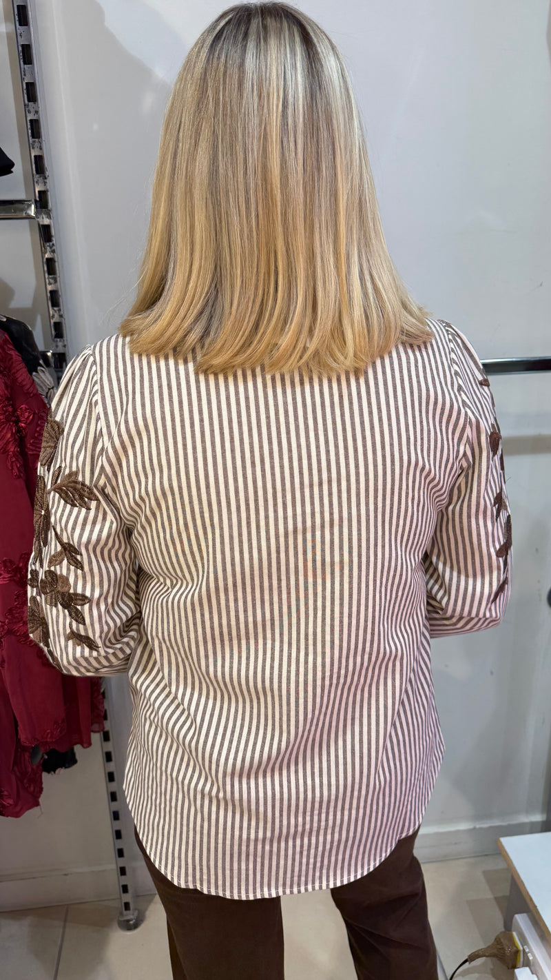 Kenny - Brown Stripe Embroidery Detail Cotton Shirt