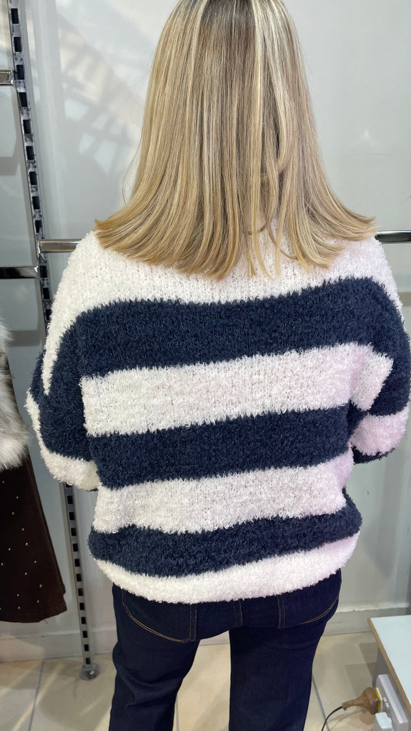 Millie- Blue/Cream Stripe Fluffy Knit Jumper