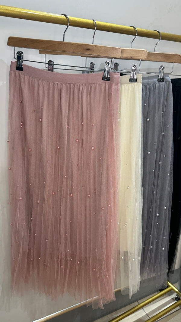 Jayda - Tulle Pearl Detail Skirt Dusky Pink