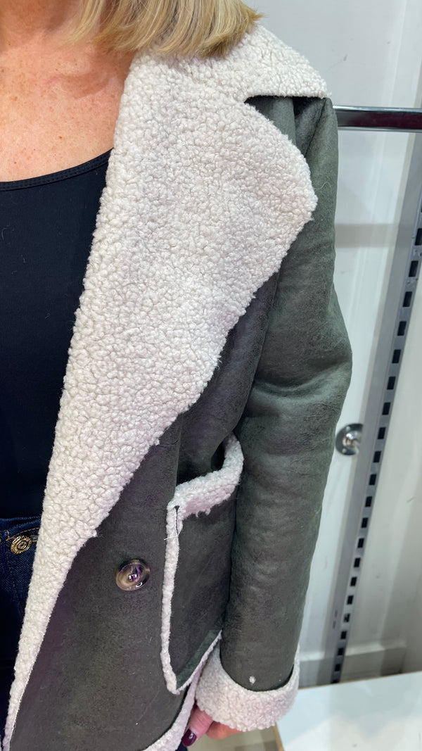 Fred - Khaki Faux Distressed Shearling Look Jacket