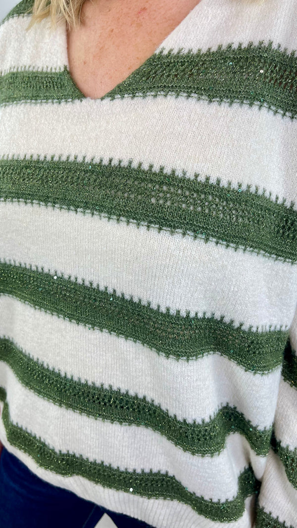 Suzie - Green/Cream Crochet Stripe V Neck Knit