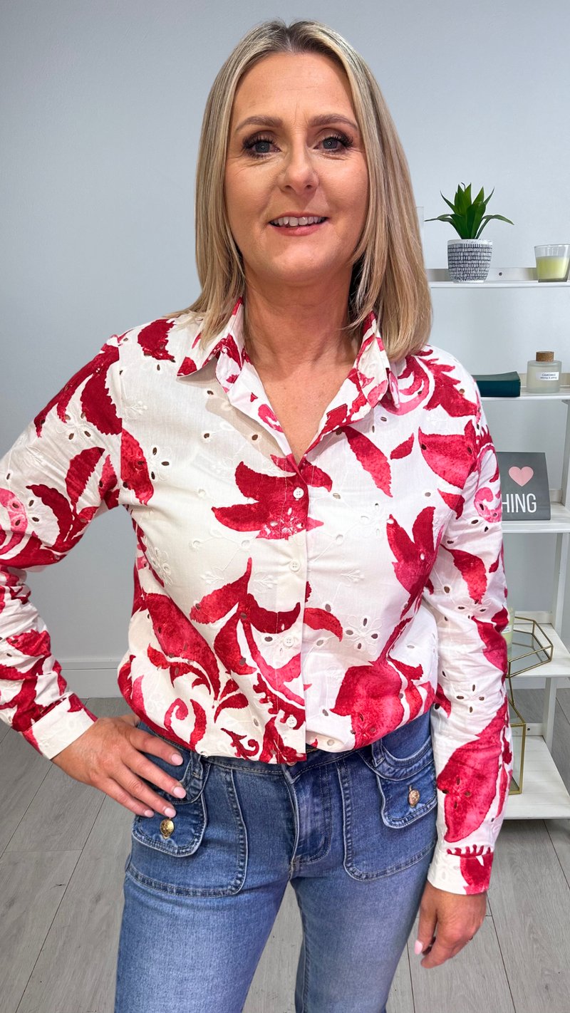 Kay - Red Leaf Print Broiderie Anglaise Top