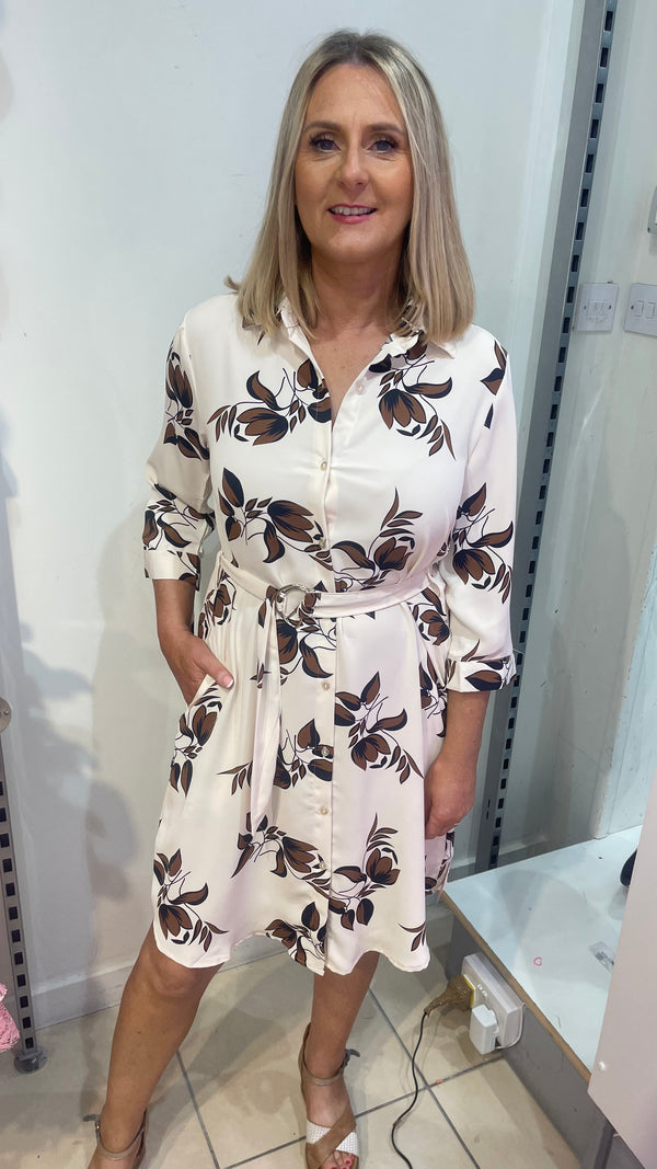 Lila - Brown/Cream Leaf Print Shirt Dress