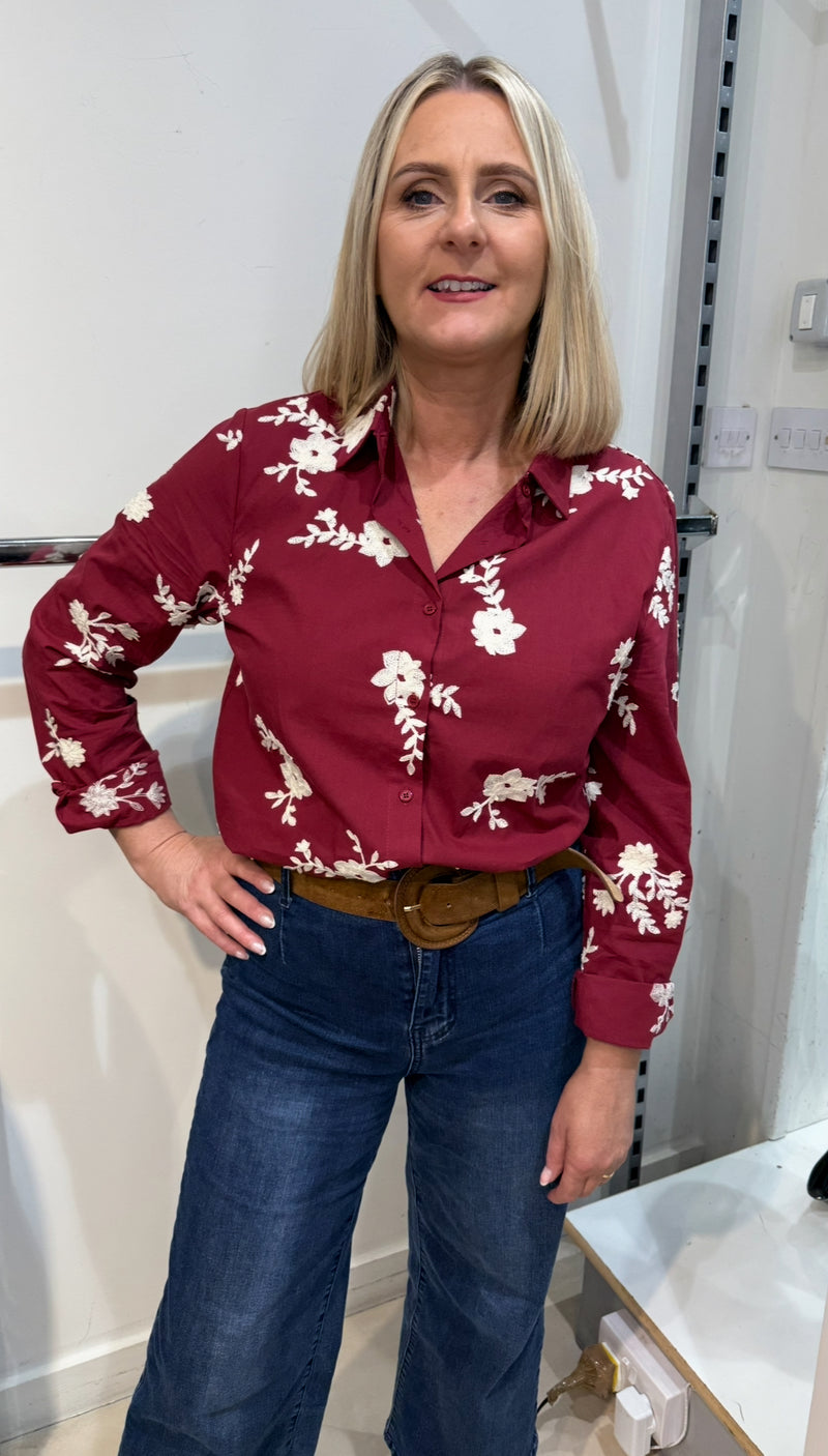 Jessie - Wine Embroidery Cotton Shirt