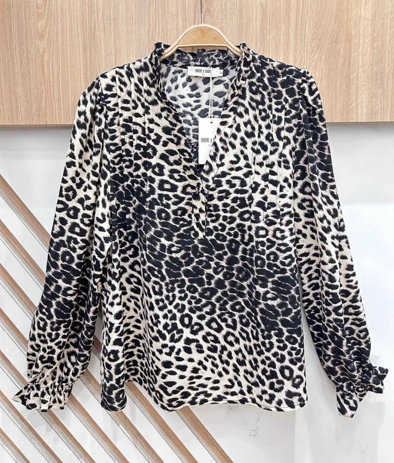 Amy - Animal Print Button Neck Top