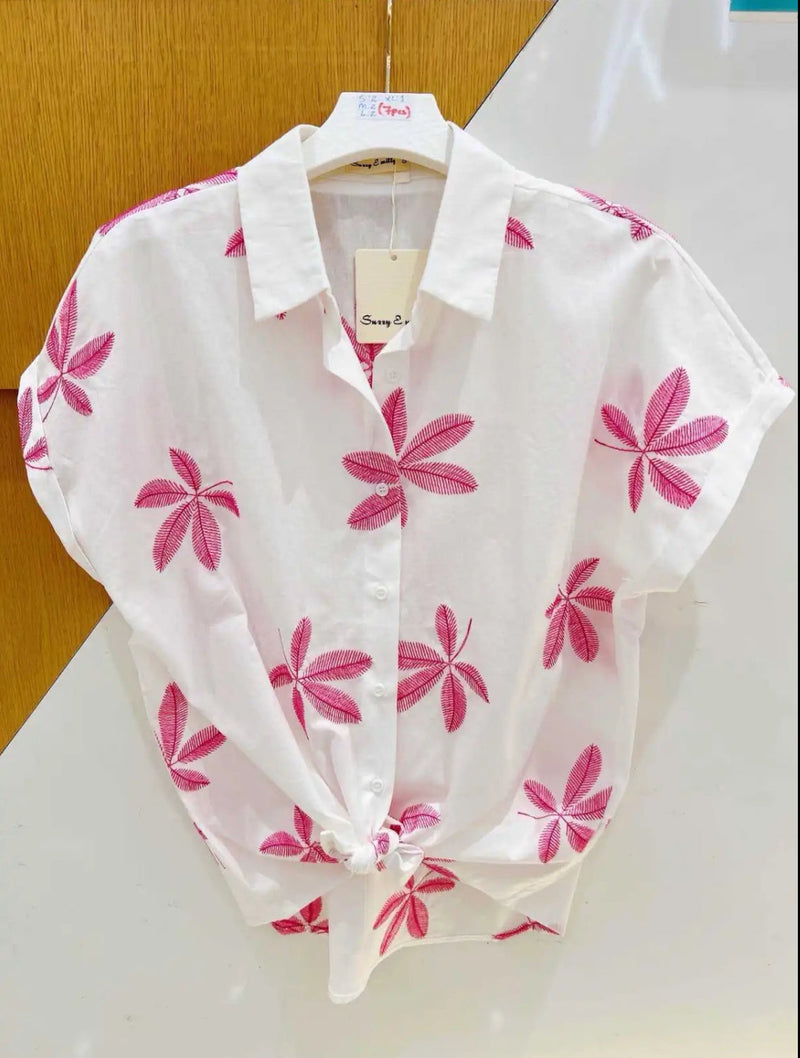 Tara - White/Pink Leaf Detail Embroidery Top