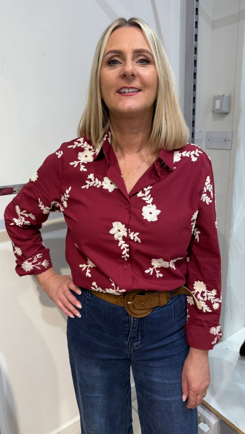 Jessie - Wine Embroidery Cotton Shirt