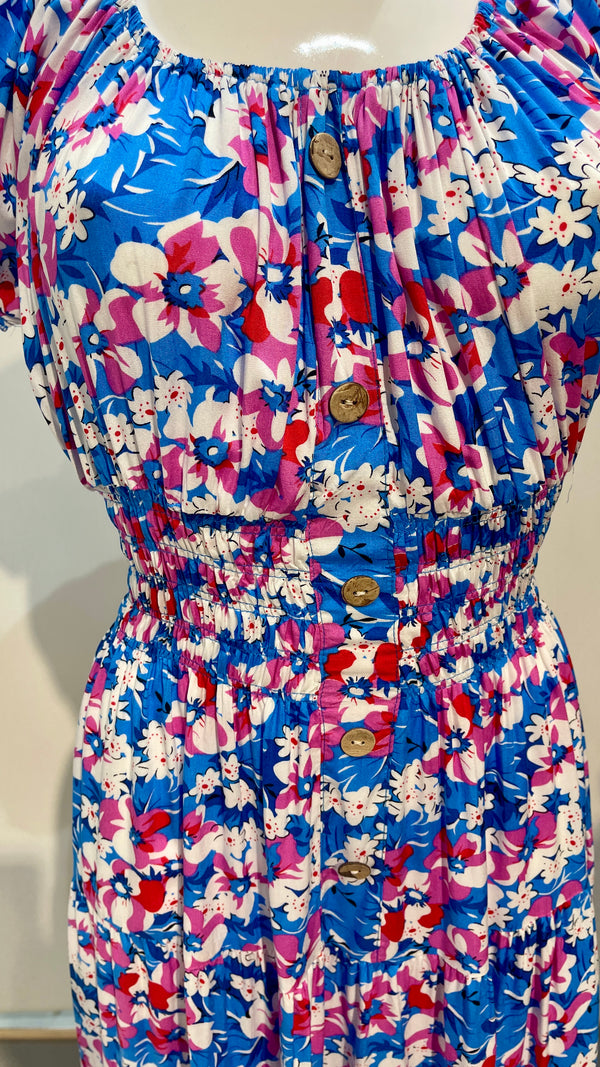 Chloe - Blue/pink floral print Button Maxi Dress