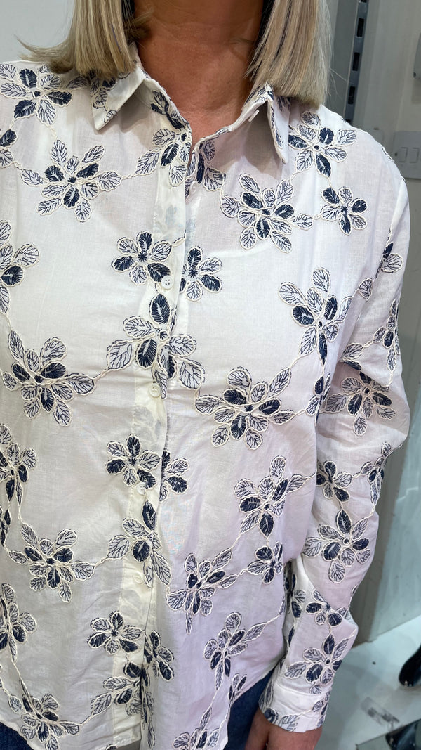 Jodie - White/Navy Embroidery Cotton Shirt