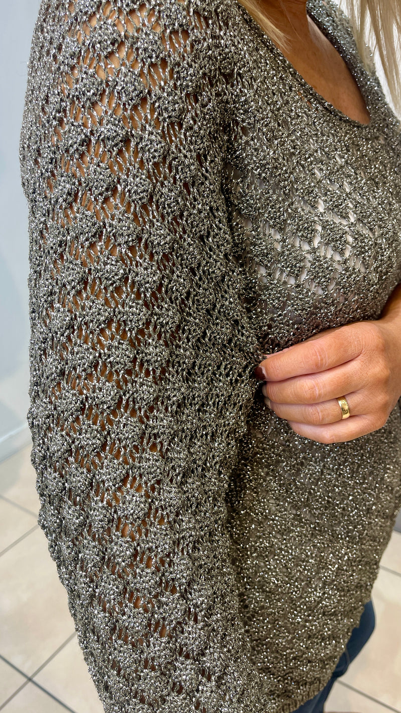 Anna - Khaki Lurex Crochet V Neck Knit