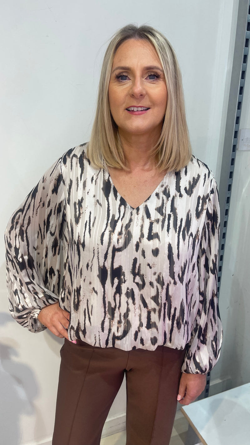 Belle - Brown Lurex Print Bubble hem Top